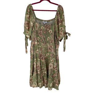 Agua Bendita Target Dress Womens 1X Green Floral Smocked Short Sleeve Mini